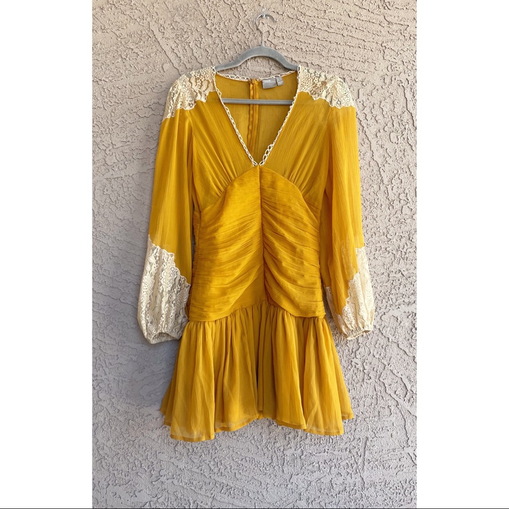 ASOS Mustard Yellow Saffron Chiffon Boho Lace Crochet Ruched Mini Dress - Picture 1 of 13